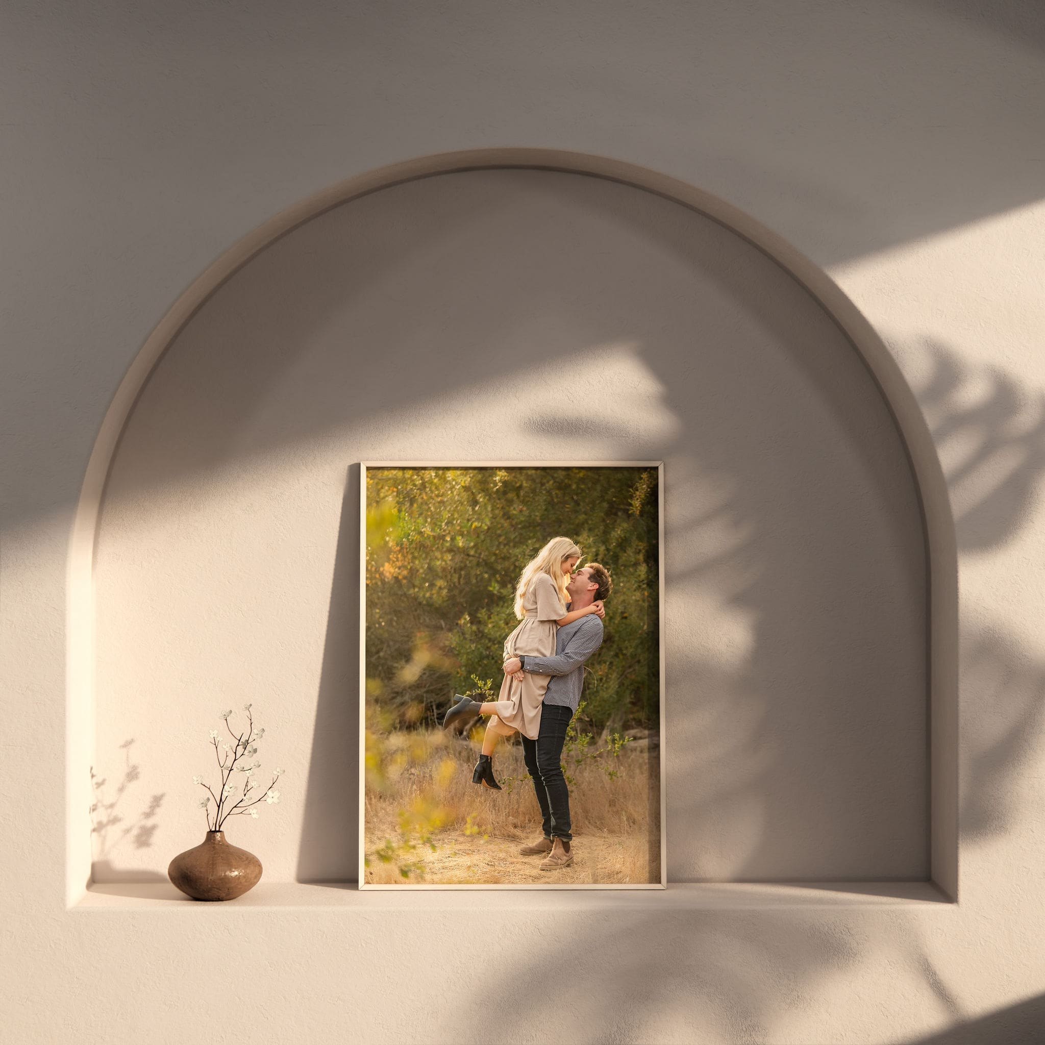 Details of an engagement fine art portrait framed in an alcove