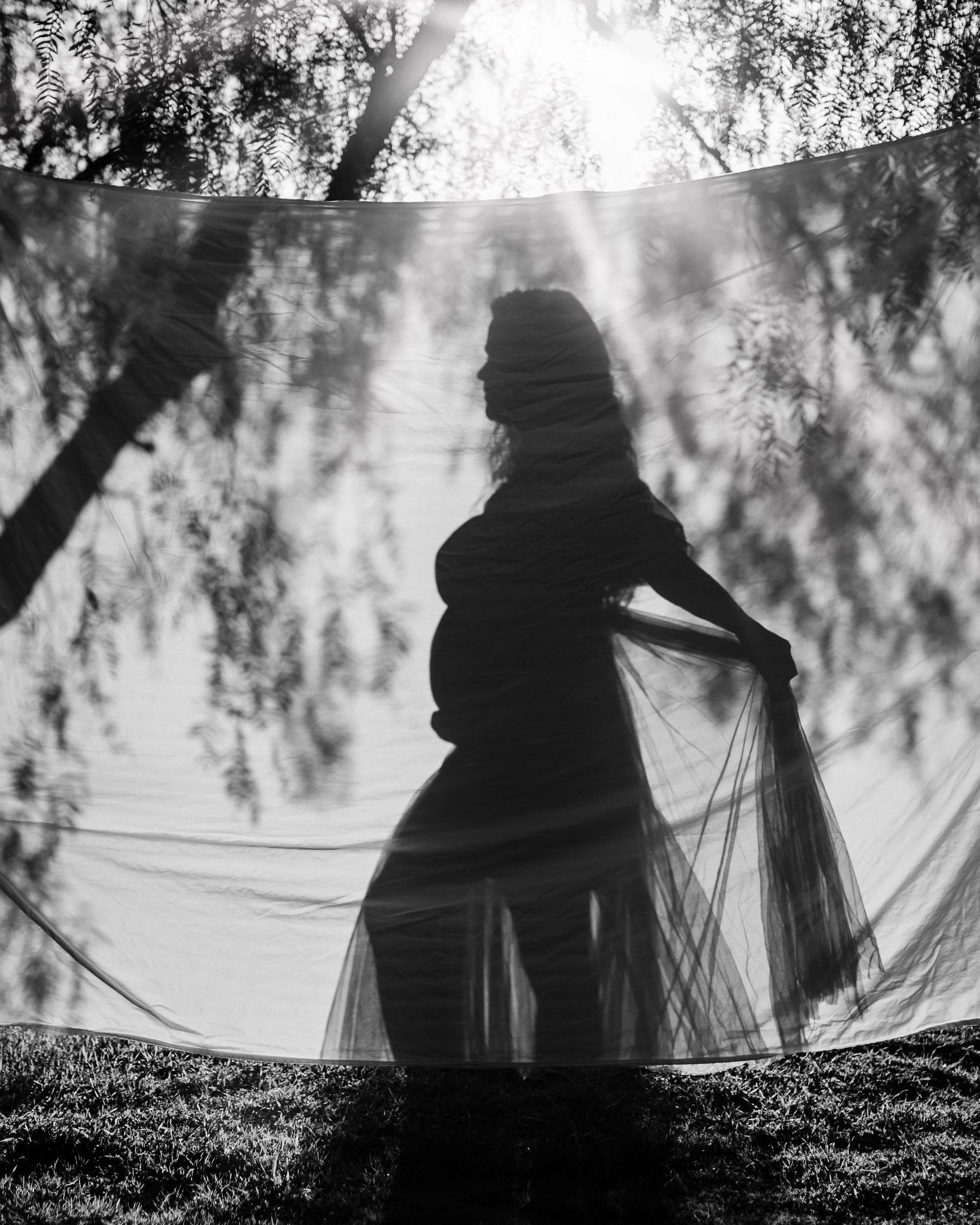 Silhouette of a mom to be in some trees at sunset in a maternity gown