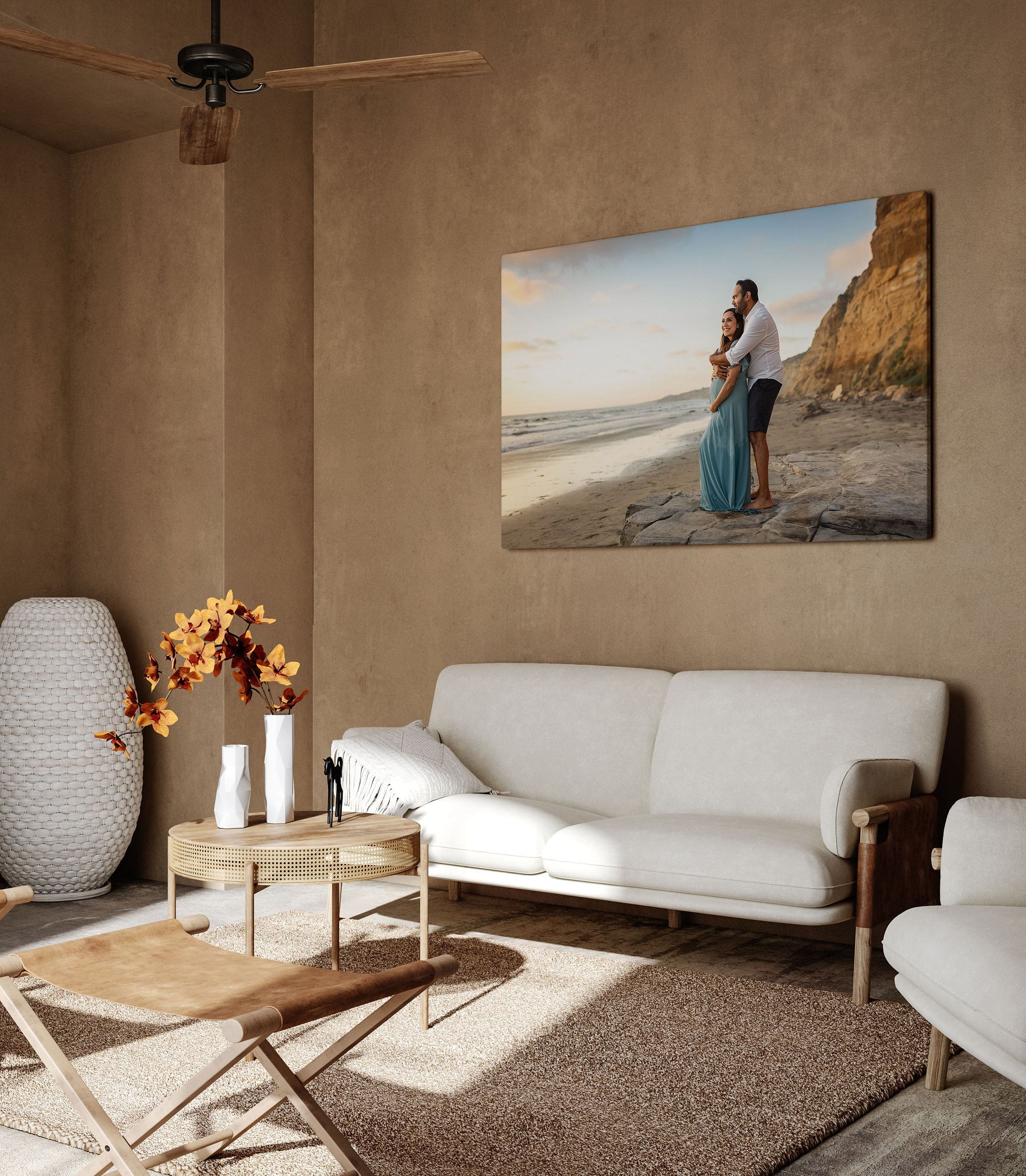 Details of a maternity portrait on a beach hanging in a mid century modern living room after meeting midwives in san diego