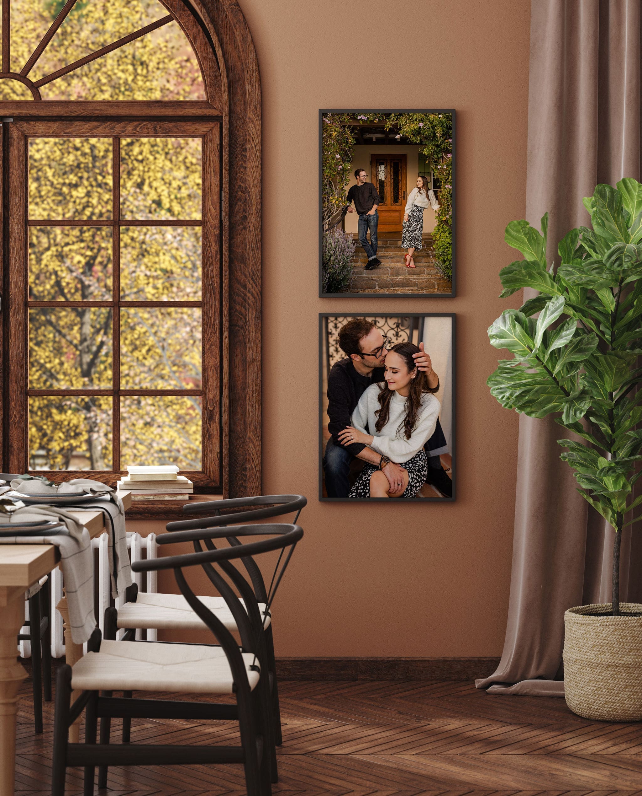 Details of fine art couples photography hanging framed on a wall in a dining room